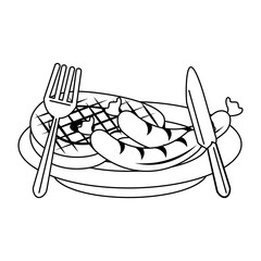 Tasty barbecue grilled food cartoon in black and white