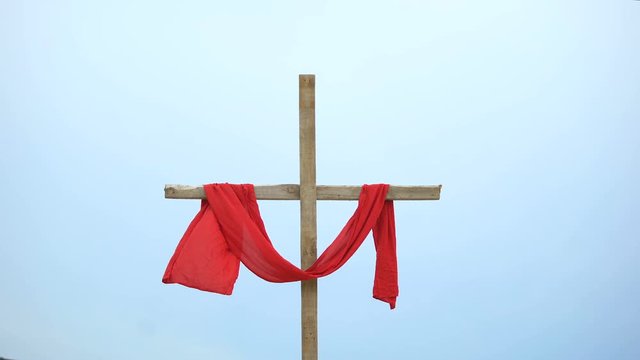 Wooden Cross With Red Cloth Wrapped Around, Crucifix And Resurrection Of Jesus