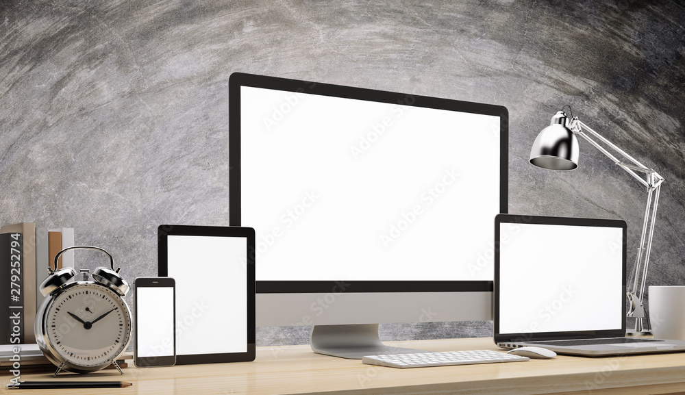 Wall mural Computer notebook tablet smart phone blank screen on wood table and cement background workspace mock up design illustration 3D rendering