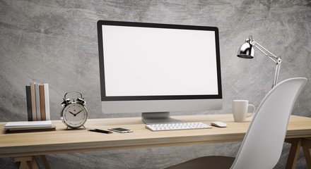 Computer blank screen on wood table and cement background workspace mock up design illustration 3D rendering