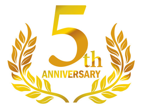 月桂樹をモチーフにしたアニバーサリーのゴールドメタリックのロゴ＿5周年・月桂冠・ローレル_5th Anniversary logo
