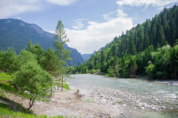 Canal San Bovo, Italy, 06/20/2019 , Valley in Canal San Bovo in Italy. View of the river Vanoi.