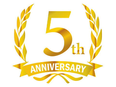 月桂樹をモチーフにしたアニバーサリーのゴールドメタリックのロゴ＿5周年・月桂冠・ローレル_5th Anniversary logo