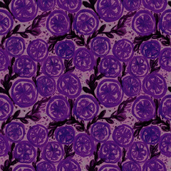 abstract violet flowers with branches drawn with watercolors on a gray background
