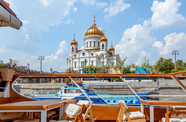 Beautiful view from the river ship to the Cathedral of Christ the Savior. Moscow, tourism, architecture, famous places in the center of Moscow.