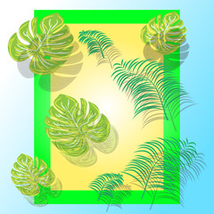 Creative layout made of colorful tropical leaves on colorful background. Minimal summer exotic concept with copy space. Border arrangement.
