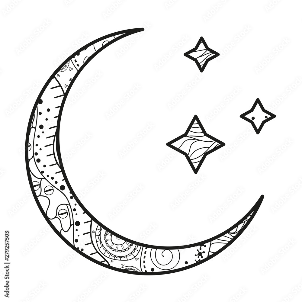 Wall mural crescent moon with stars with abstract patterns on isolation background. design for spiritual relaxa