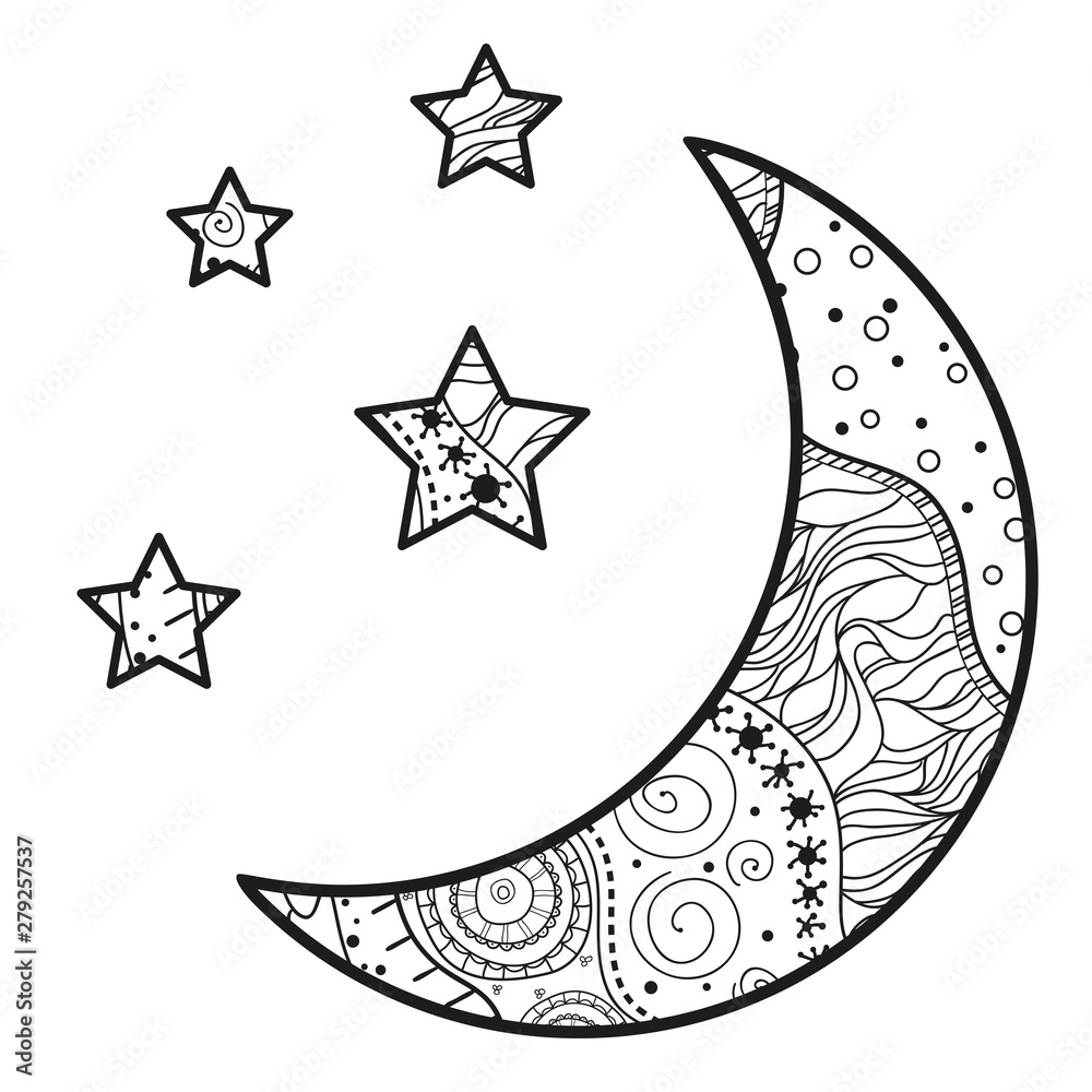 Sticker crescent moon and stars with abstract patterns on isolation background. design for spiritual relaxat