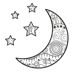 Crescent moon and stars with abstract patterns on isolataion background. Design for spiritual relaxation for adults. Line art creation. Black and white illustration for anti stress colouring page