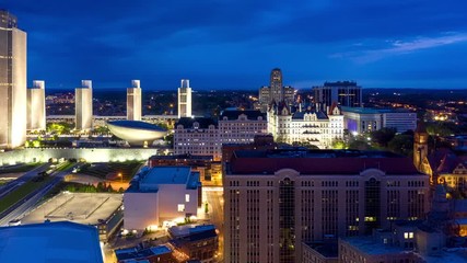 Drone hyperlapse of Albany, New York downtown at dusk, with panning camera motion. Albany is the capital city of the U. S. state of New York and the county seat of Albany County