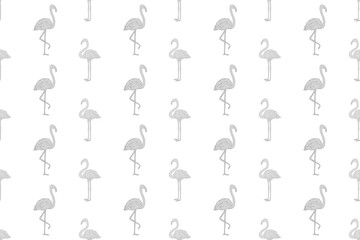 Seamless abstract wallpaper with flamingos. Hand drawn birds. Print for polygraphy, shirts and textiles. Cute texture. Pattern for design. Black and white illustration