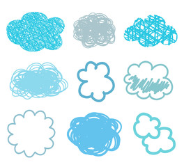 Colorful clouds on isolation background. Hatching doodles on white. Hand drawn infographic elements. Colored illustration. Sketches for artworks
