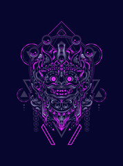 Barong Balinese mask head logo illustration with sacred geometry pattern as the background