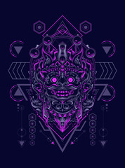 Barong Balinese mask head logo illustration with sacred geometry pattern as the background