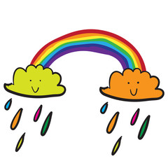 Cute doodle vector rainbow with rainy clouds