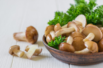 Clay bowl filled with mushrooms and parsley on the village white table.