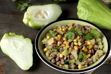 chayote dish with minced meat and corn. Latin American dish.  mexican dish 