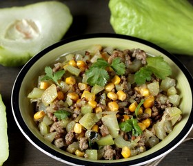 chayote dish with minced meat and corn. Latin American dish.  mexican dish 
