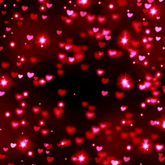 Red hearts on black background, bright, glitter, glow, romance, love, wedding, Valentine, hearts placer, bokeh, blurred, beautiful background, red, pink, black