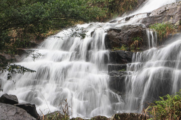 Fototapeta premium The waterfall flowing in the forest pours down and violently hits the black rock.