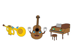 guitar piano with eyes cute trompet