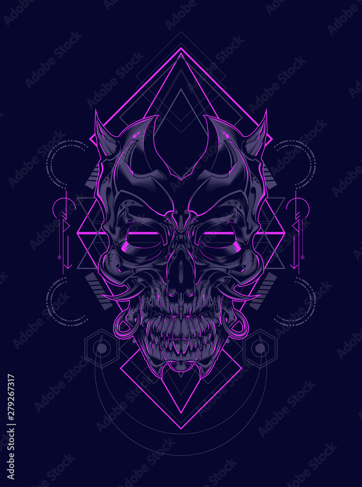 Wall mural devil skull head illustration with sacred geometry pattern as the background