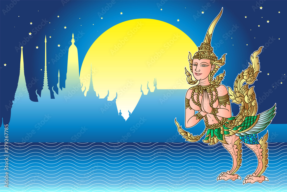 Wall mural Draw painting Kinnara, Half-Bird Half-Woman vintage style and full moon temple background