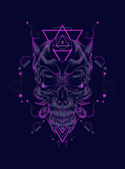 Devil skull head illustration with sacred geometry pattern as the background