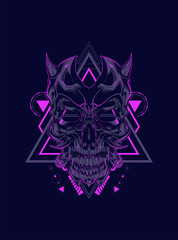 Devil skull head illustration with sacred geometry pattern as the background