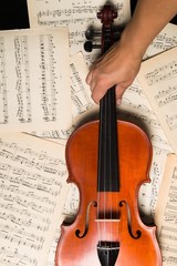Obraz na płótnie Canvas Hand Holding Violin On Music Sheets Close-up