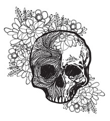 Tattoo art skull and flower hand drawing and sketch black and white with line art illustration isolated on white background.