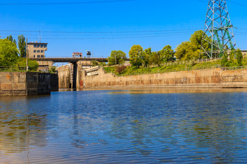Gateway in the Svetlovodsk hydroelectric power plant on the Dnieper river, Ukraine