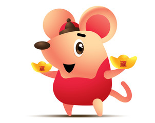 Naklejka premium Cute rat character holding two Chinese Golds. The year of Rat 2020. Chinese new year - vector