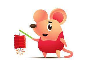 Cartoon cute rat playing firecracker. Chinese New Year 2020 -  vector illustration isolated