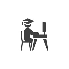 Fototapeta premium Student Studying on Laptop vector icon. filled flat sign for mobile concept and web design. Graduate student studying online glyph icon. e learning symbol, logo illustration. Vector graphics