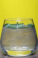 Refreshing drink with gas bubbles. Nalit in a transparent glass. It laid crushed ice. Decorated with mint leaves.