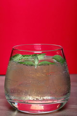 Refreshing drink with gas bubbles. Nalit in a transparent glass. It laid crushed ice. Decorated with mint leaves.