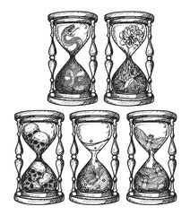Tattoo art hourglass that contains various things hand drawing