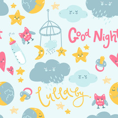 Seamless pattern with lullaby good night elements, moon, clouds, star, baby bottle and toys.
