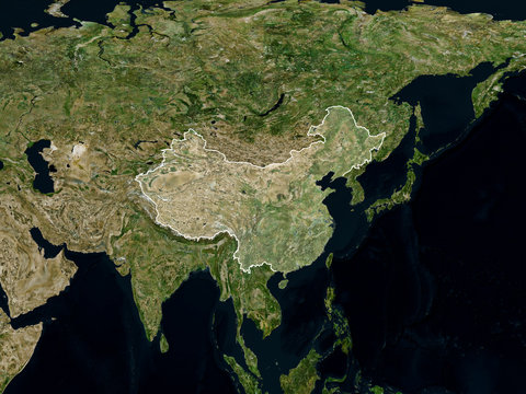 Satellite image of China with borders (Isolated imagery of China. Elements of this image furnished by NASA)