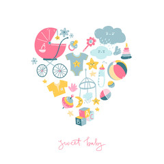 Newborn infant themed cute doodle illustrations in the heart shape