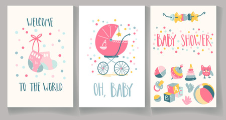 Set of baby shower cards. Welcome to the world, baby shower, oh, baby.