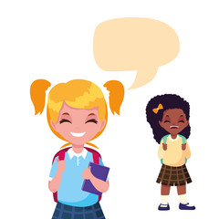 school girls with bags talk bubble
