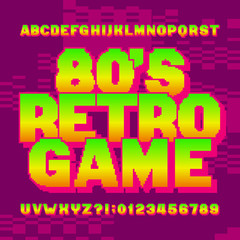 80s retro game alphabet font. Digital gradient letters and numbers on pixel background. 80s video game typescript.