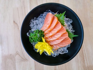 Salmon sashimi cutting fresh and raw piece in Japanese food style