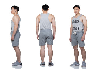 Asian 20s muscle Fitness man exercise warm up stretch spring jumps legs gray vast short, studio lighting white background isolated copy space, collage pack group shot full length snap