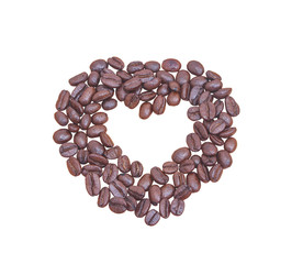 Coffee beans in shape of a heart, Isolated on white background with clipping path..