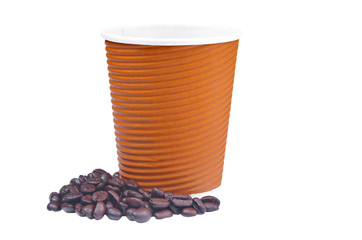 Paper cup with coffee beans isolated on white background with clipping path..