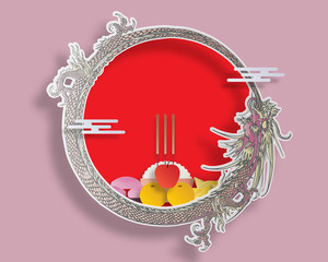 Vector Chinese Ghost Festival paper cut style. Dragon circle Chinese offerings, Joss paper and Ghost Money on red background.
