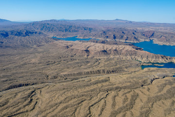 Aerial view of Lake Mead, man made lake that lies on the Colorado River,  states of Nevada and Arizona. largest water reservoir in the United States